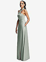 Side View Thumbnail - Willow Green Shawl Collar Open-Back Halter Maxi Dress with Pockets