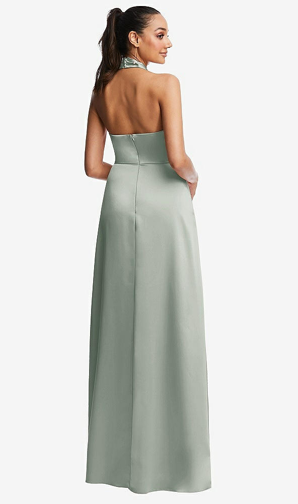 Back View - Willow Green Shawl Collar Open-Back Halter Maxi Dress with Pockets