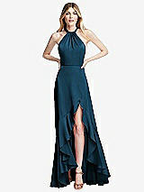 Alt View 1 Thumbnail - Atlantic Blue Tie-Neck Halter Maxi Dress with Asymmetric Cascade Ruffle Skirt