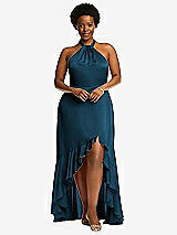 Alt View 4 Thumbnail - Atlantic Blue Tie-Neck Halter Maxi Dress with Asymmetric Cascade Ruffle Skirt