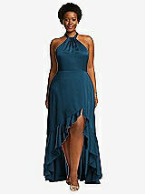 Front View Thumbnail - Atlantic Blue Tie-Neck Halter Maxi Dress with Asymmetric Cascade Ruffle Skirt
