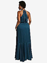 Rear View Thumbnail - Atlantic Blue Tie-Neck Halter Maxi Dress with Asymmetric Cascade Ruffle Skirt