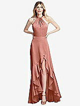 Alt View 1 Thumbnail - Desert Rose Tie-Neck Halter Maxi Dress with Asymmetric Cascade Ruffle Skirt