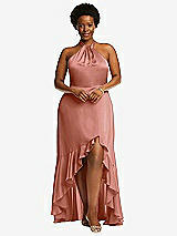 Alt View 4 Thumbnail - Desert Rose Tie-Neck Halter Maxi Dress with Asymmetric Cascade Ruffle Skirt
