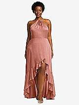Front View Thumbnail - Desert Rose Tie-Neck Halter Maxi Dress with Asymmetric Cascade Ruffle Skirt