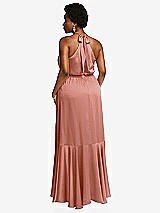 Rear View Thumbnail - Desert Rose Tie-Neck Halter Maxi Dress with Asymmetric Cascade Ruffle Skirt