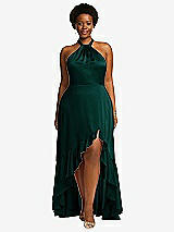 Front View Thumbnail - Evergreen Tie-Neck Halter Maxi Dress with Asymmetric Cascade Ruffle Skirt