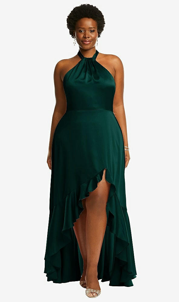 Front View - Evergreen Tie-Neck Halter Maxi Dress with Asymmetric Cascade Ruffle Skirt
