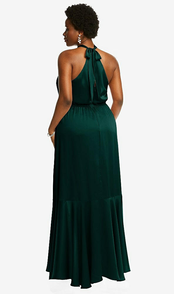 Back View - Evergreen Tie-Neck Halter Maxi Dress with Asymmetric Cascade Ruffle Skirt