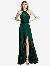 Alt View 1 Thumbnail - Hunter Green Tie-Neck Halter Maxi Dress with Asymmetric Cascade Ruffle Skirt