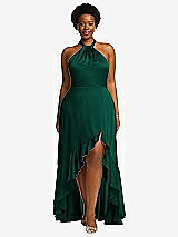 Front View Thumbnail - Hunter Green Tie-Neck Halter Maxi Dress with Asymmetric Cascade Ruffle Skirt