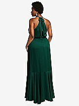 Rear View Thumbnail - Hunter Green Tie-Neck Halter Maxi Dress with Asymmetric Cascade Ruffle Skirt