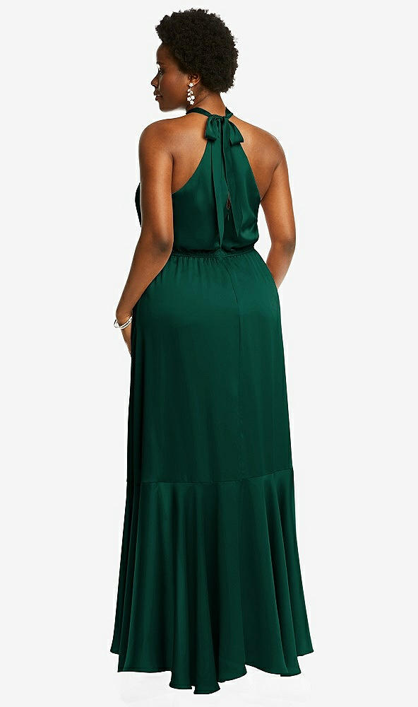 Back View - Hunter Green Tie-Neck Halter Maxi Dress with Asymmetric Cascade Ruffle Skirt