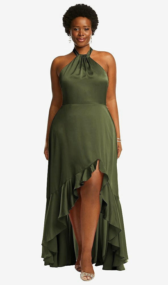 Front View - Olive Green Tie-Neck Halter Maxi Dress with Asymmetric Cascade Ruffle Skirt