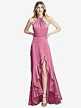 Alt View 1 Thumbnail - Orchid Pink Tie-Neck Halter Maxi Dress with Asymmetric Cascade Ruffle Skirt