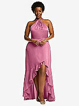 Alt View 4 Thumbnail - Orchid Pink Tie-Neck Halter Maxi Dress with Asymmetric Cascade Ruffle Skirt