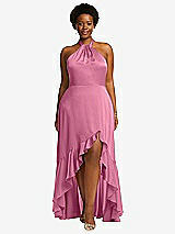 Front View Thumbnail - Orchid Pink Tie-Neck Halter Maxi Dress with Asymmetric Cascade Ruffle Skirt