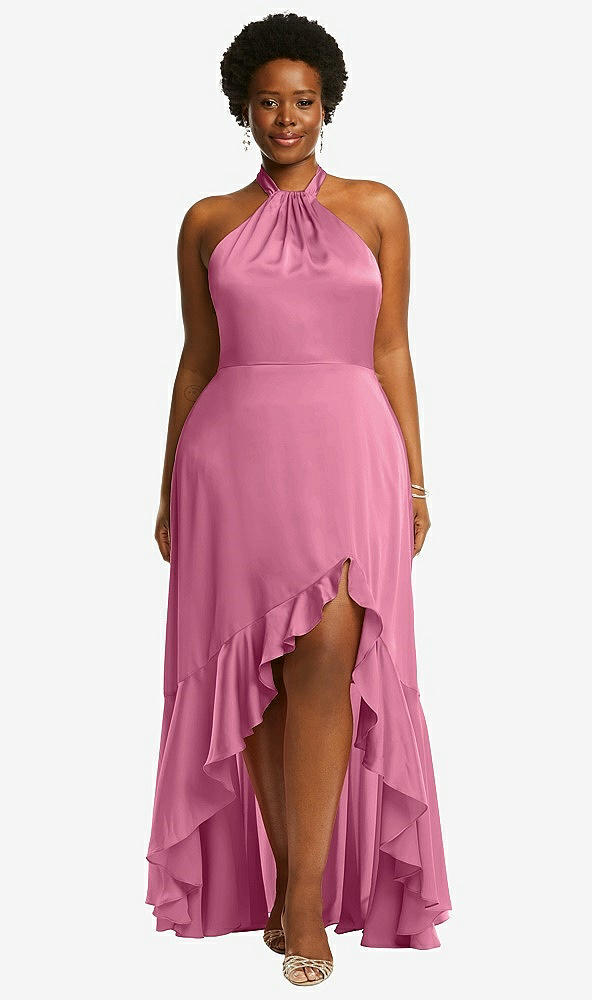 Front View - Orchid Pink Tie-Neck Halter Maxi Dress with Asymmetric Cascade Ruffle Skirt