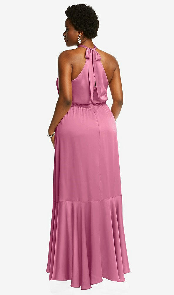 Back View - Orchid Pink Tie-Neck Halter Maxi Dress with Asymmetric Cascade Ruffle Skirt