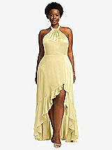 Front View Thumbnail - Pale Yellow Tie-Neck Halter Maxi Dress with Asymmetric Cascade Ruffle Skirt