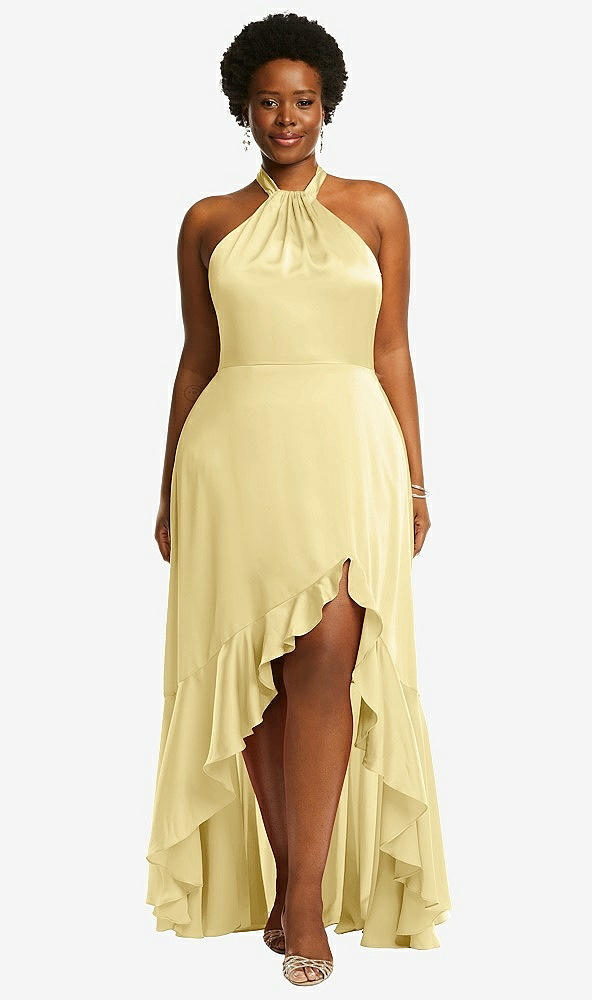 Front View - Pale Yellow Tie-Neck Halter Maxi Dress with Asymmetric Cascade Ruffle Skirt