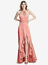 Alt View 1 Thumbnail - Rose - PANTONE Rose Quartz Tie-Neck Halter Maxi Dress with Asymmetric Cascade Ruffle Skirt