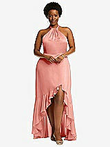 Alt View 4 Thumbnail - Rose - PANTONE Rose Quartz Tie-Neck Halter Maxi Dress with Asymmetric Cascade Ruffle Skirt