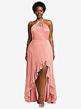 Front View Thumbnail - Rose - PANTONE Rose Quartz Tie-Neck Halter Maxi Dress with Asymmetric Cascade Ruffle Skirt