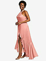Side View Thumbnail - Rose - PANTONE Rose Quartz Tie-Neck Halter Maxi Dress with Asymmetric Cascade Ruffle Skirt