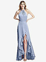 Alt View 1 Thumbnail - Sky Blue Tie-Neck Halter Maxi Dress with Asymmetric Cascade Ruffle Skirt