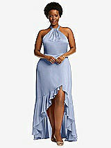 Alt View 4 Thumbnail - Sky Blue Tie-Neck Halter Maxi Dress with Asymmetric Cascade Ruffle Skirt