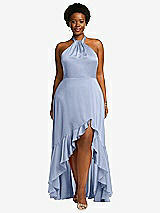 Front View Thumbnail - Sky Blue Tie-Neck Halter Maxi Dress with Asymmetric Cascade Ruffle Skirt