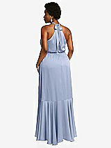 Rear View Thumbnail - Sky Blue Tie-Neck Halter Maxi Dress with Asymmetric Cascade Ruffle Skirt
