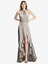 Alt View 1 Thumbnail - Taupe Tie-Neck Halter Maxi Dress with Asymmetric Cascade Ruffle Skirt