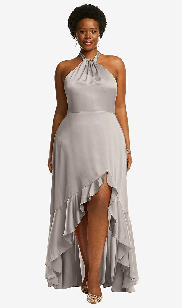 Front View - Taupe Tie-Neck Halter Maxi Dress with Asymmetric Cascade Ruffle Skirt