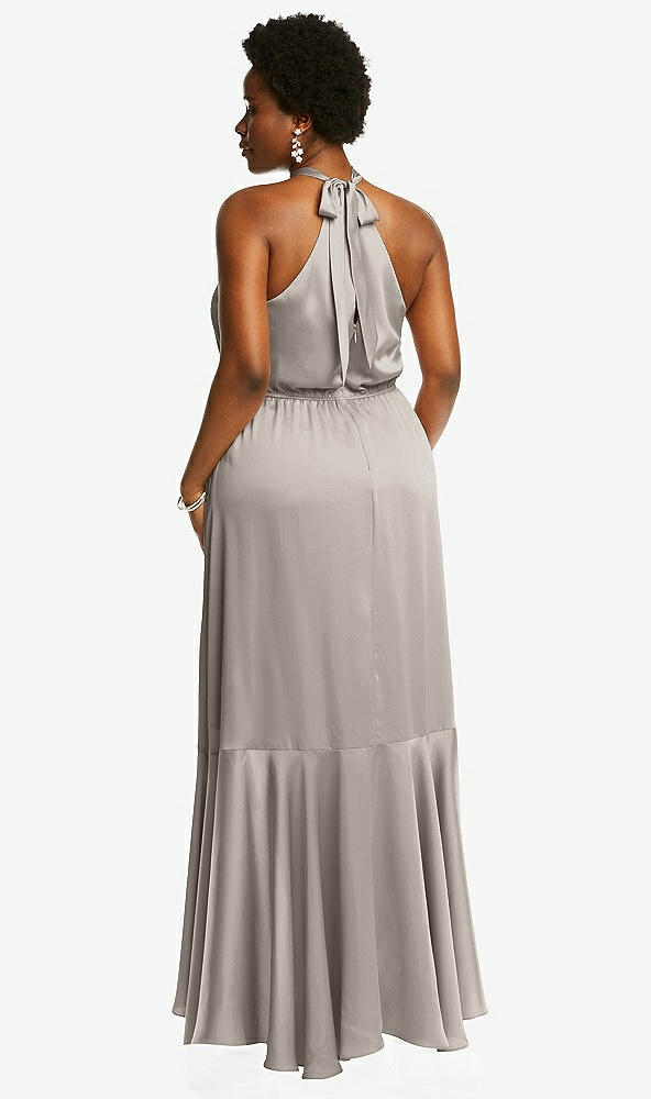 Back View - Taupe Tie-Neck Halter Maxi Dress with Asymmetric Cascade Ruffle Skirt