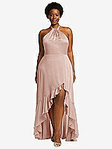 Front View Thumbnail - Toasted Sugar Tie-Neck Halter Maxi Dress with Asymmetric Cascade Ruffle Skirt
