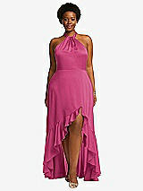 Front View Thumbnail - Tea Rose Tie-Neck Halter Maxi Dress with Asymmetric Cascade Ruffle Skirt