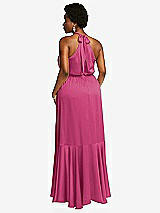 Rear View Thumbnail - Tea Rose Tie-Neck Halter Maxi Dress with Asymmetric Cascade Ruffle Skirt