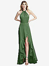 Alt View 1 Thumbnail - Vineyard Green Tie-Neck Halter Maxi Dress with Asymmetric Cascade Ruffle Skirt