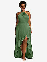 Front View Thumbnail - Vineyard Green Tie-Neck Halter Maxi Dress with Asymmetric Cascade Ruffle Skirt