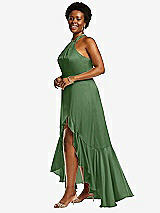 Side View Thumbnail - Vineyard Green Tie-Neck Halter Maxi Dress with Asymmetric Cascade Ruffle Skirt