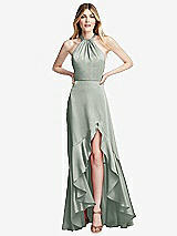 Alt View 1 Thumbnail - Willow Green Tie-Neck Halter Maxi Dress with Asymmetric Cascade Ruffle Skirt