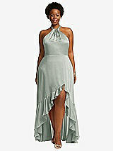 Front View Thumbnail - Willow Green Tie-Neck Halter Maxi Dress with Asymmetric Cascade Ruffle Skirt