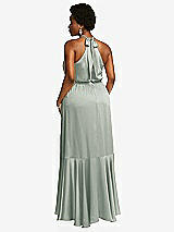 Rear View Thumbnail - Willow Green Tie-Neck Halter Maxi Dress with Asymmetric Cascade Ruffle Skirt