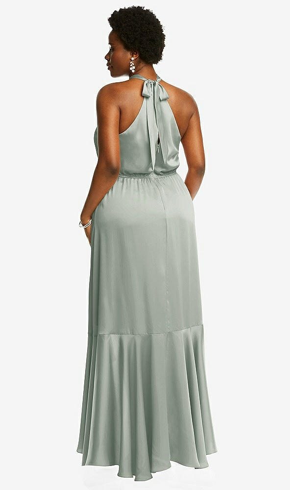 Back View - Willow Green Tie-Neck Halter Maxi Dress with Asymmetric Cascade Ruffle Skirt
