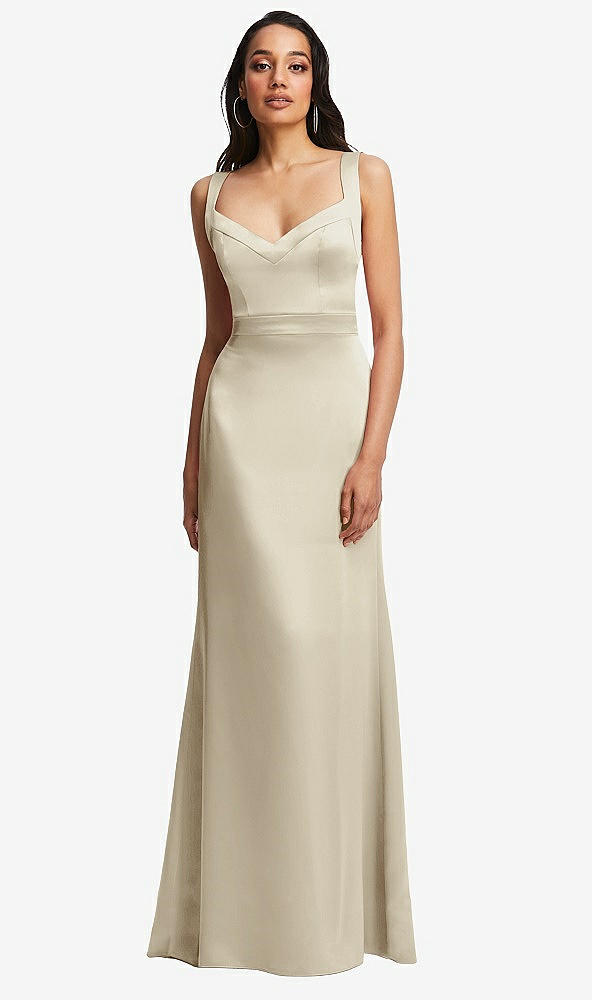 Front View - Champagne Framed Bodice Criss Criss Open Back A-Line Maxi Dress