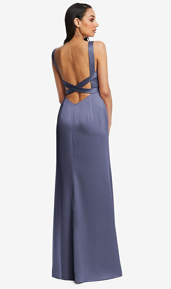 Back View - French Blue Framed Bodice Criss Criss Open Back A-Line Maxi Dress
