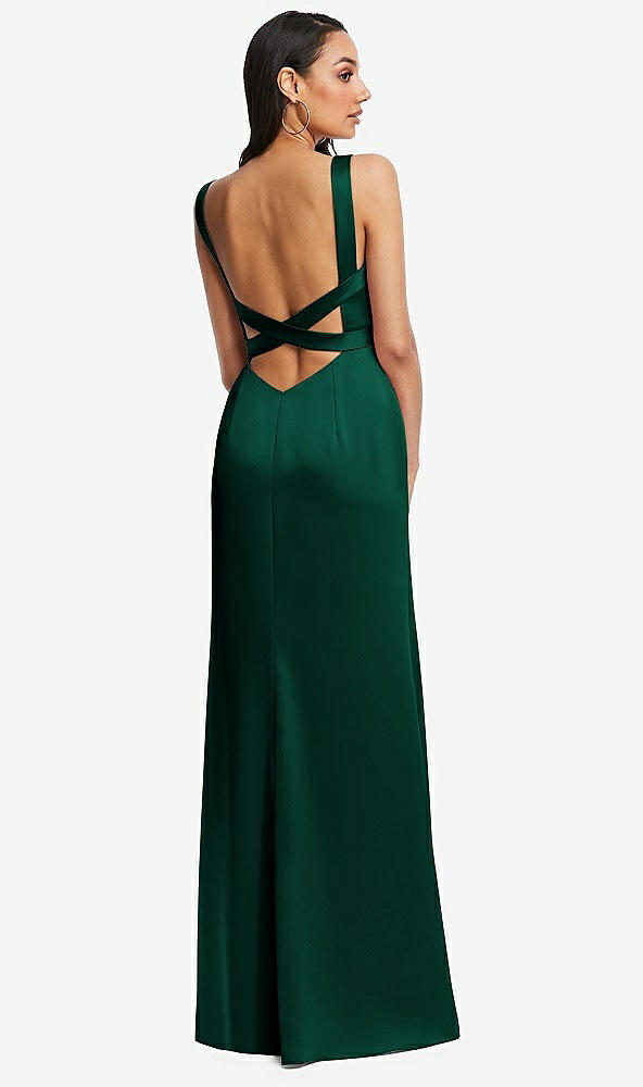 Back View - Hunter Green Framed Bodice Criss Criss Open Back A-Line Maxi Dress