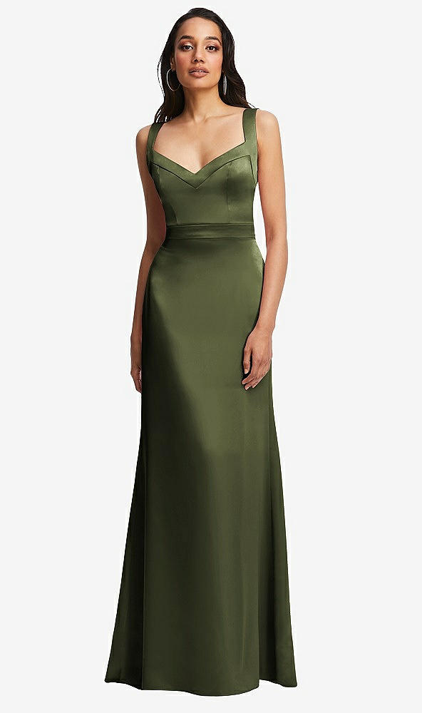Front View - Olive Green Framed Bodice Criss Criss Open Back A-Line Maxi Dress